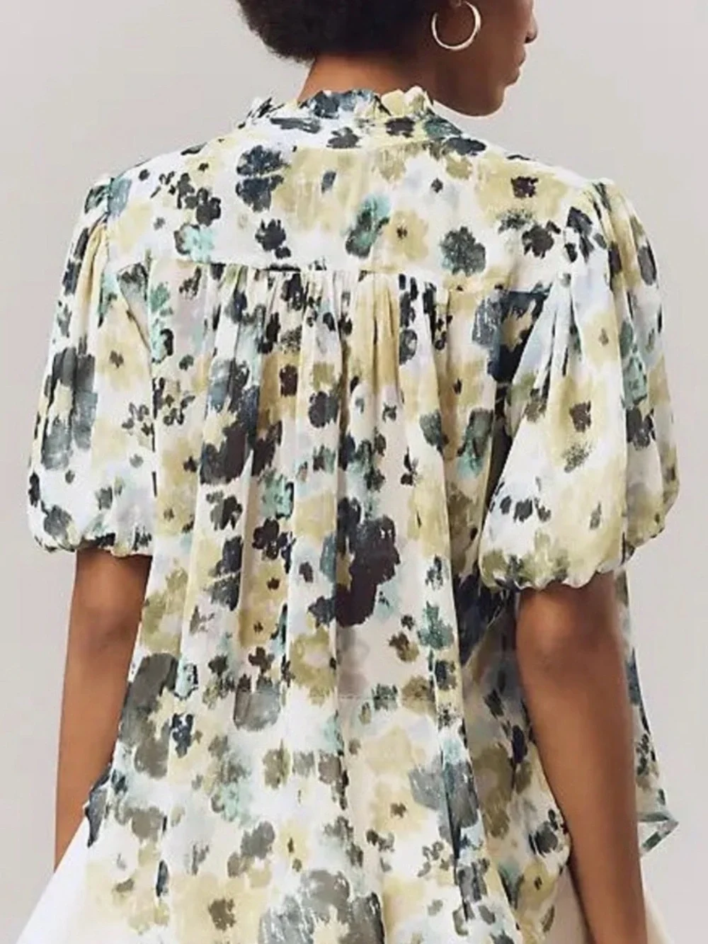Anthropologie Watercolor Floral Button-Front Blouse in White, Green, Blue
